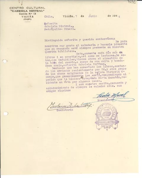 [Carta] 1944 jun. 7, Vicuña [Chile] [a] Gabriela Mistral, Petrópolis, Brasil  [manuscrito] Pedro Moral.