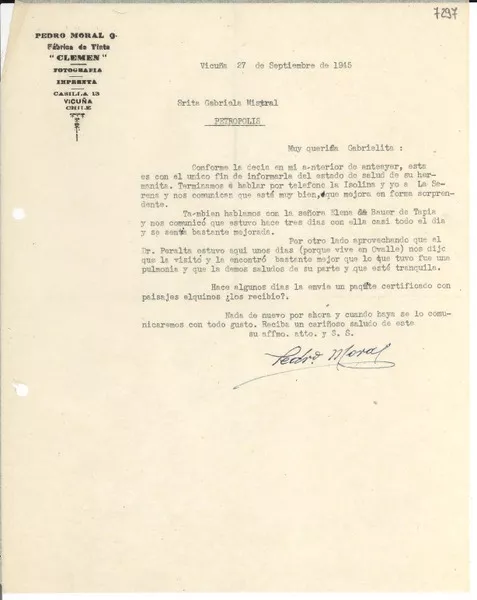 [Carta] 1945 sept. 27, Vicuña [Chile] [a] Gabriela Mistral, Petrópolis  [manuscrito] Pedro Moral.