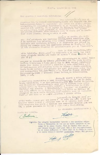 [Carta] 1951 ago. 15, Vicuña, [Chile] [a] Gabrielita [Mistral]  [manuscrito] Pedro [Moral], Isolina [Barraza de Estay].