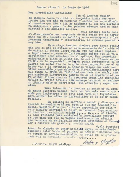 [Carta] 1946 jun. 8, Buenos Aires [a] Gabriela Mistral  [manuscrito] Pedro Moral.