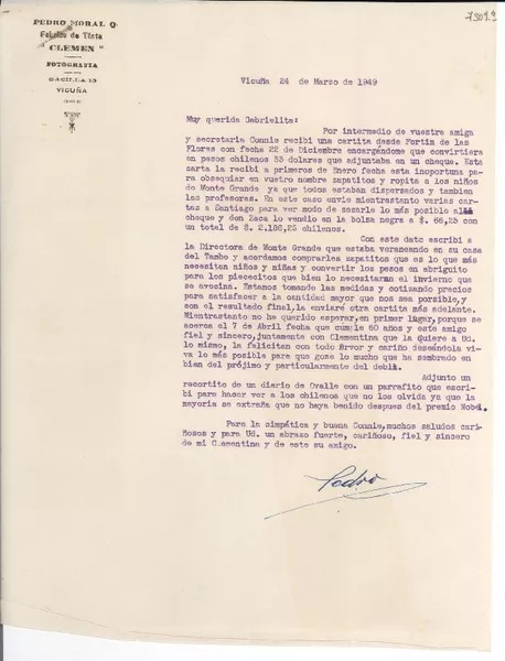 [Carta] 1949 mar. 24, Vicuña [Chile] [a] Gabriela Mistral  [manuscrito] Pedro Moral.