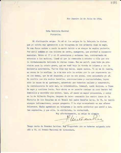 [Carta] 1944 jul. 14, Río de Janeiro [a] Gabriela Mistral, Petrópolis  [manuscrito] F. Nieto del Río.