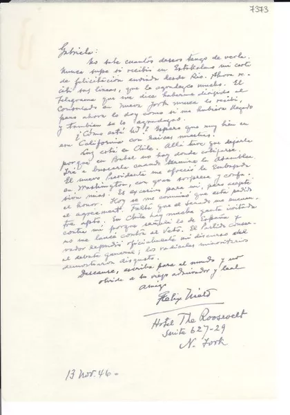 [Carta] 1946 nov. 13, New York [a] Gabriela Mistral  [manuscrito] Félix Nieto.