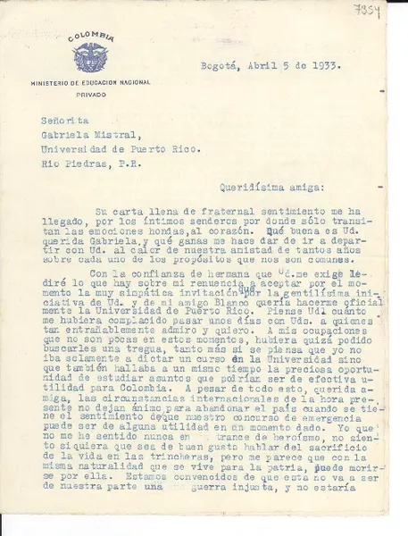[Carta] 1933 abr. 5, Bogotá, [Colombia] [a] Gabriela Mistral, Universidad de Puerto Rico, Río Piedras, [Puerto Rico]  [manuscrito] A. Nieto Caballero.