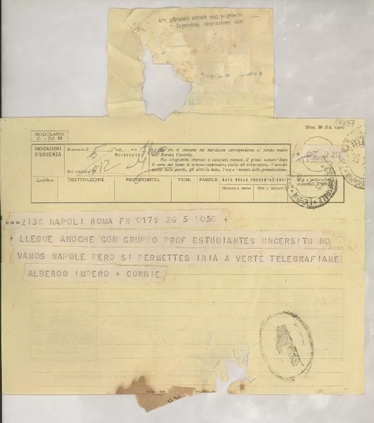 [Telegrama] 1952 jul. 5, Roma, [Italia] [a] Gabriela Mistral, Napoli, [Italia]  [manuscrito] [Consuelo Saleva].