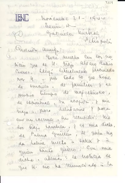 [Carta] 1944 nov. 21, [Colombia] [a] Gabriela Mistral, Petrópolis, [Brasil]  [manuscrito] L. E. Nieto Caballero.