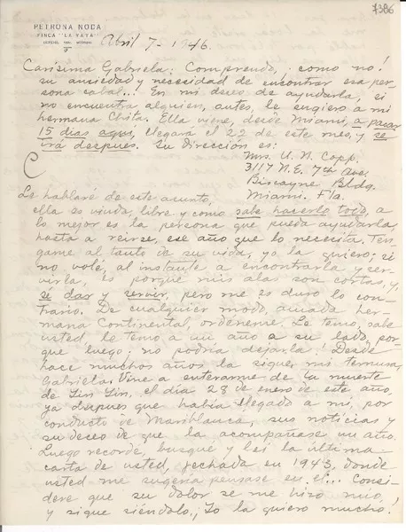 [Carta] 1946 abr. 7, La Yaya, [Cuba] [a] Gabriela Mistral  [manuscrito] Petrona Noda.