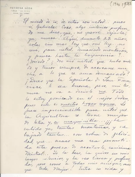 [Carta] [1946, La Yaya, Cuba] [a] Gabriela Mistral  [manuscrito] Petrona Noda.