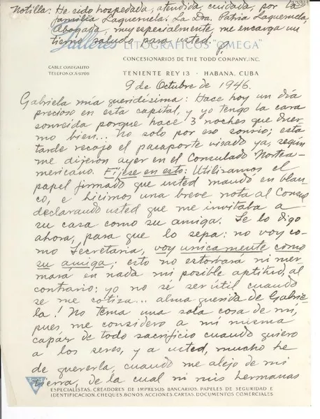 [Carta] 1946 oct. 9, [La Habana, Cuba] [a] Gabriela Mistral  [manuscrito] Petrona Noda.