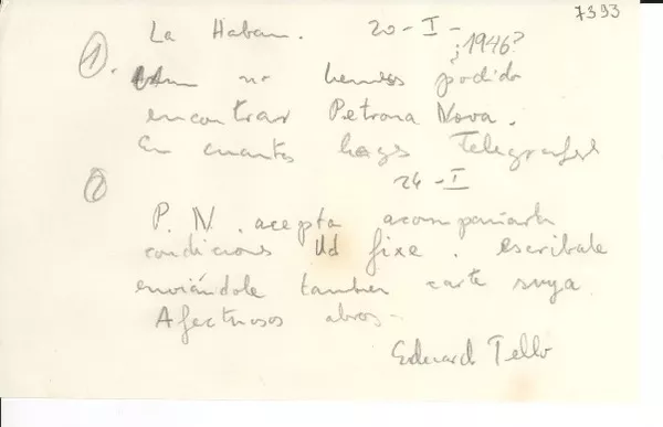 [Carta] [1946, La Habana, Cuba] [a] Gabriela Mistral  [manuscrito] Eduardo Tello.