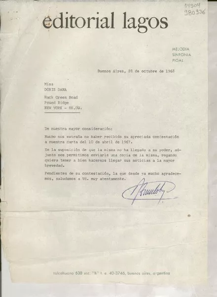 [Carta] 1968 oct. 28, Buenos Aires, [Argentina] [a] Miss Doris Dana, Hack Green Road, Pound Ridge, N. York, EE. UU.  [manuscrito]