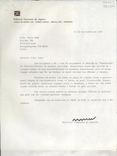[Carta] 1970 sept. 22, Buenos Aires, Argentina [a] Srta. Doris Dana, P. O. Box 784, Hildreth Lane, Bridgehampton, New York, U. S. A.  [manuscrito] Editorial Francisco de Aguirre.