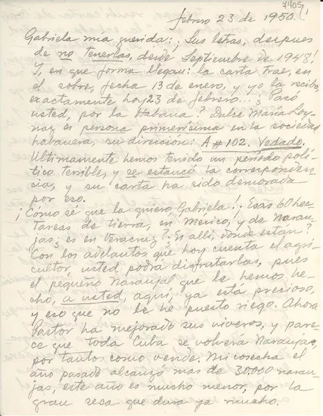 [Carta] 1950 feb. 23, [La Yaya, Cuba] [a] Gabriela Mistral  [manuscrito] Petrona Noda.