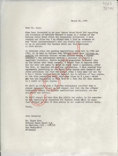 [Carta] 1971 Mar. 26, [Estados Unidos] [a] Mr. Roger Ross, Editora Opera Mundi S. A., av. Paulista 1765, Sao Paulo, Brazil  [manuscrito] Joan Daves.