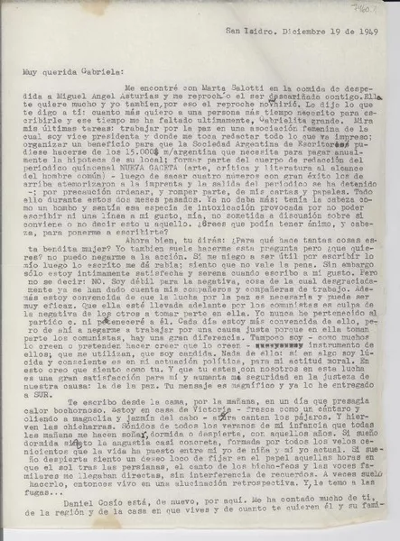 [Carta] 1949 dic. 19, San Isidro, [Argentina] [a] Gabriela [Mistral]  [manuscrito] María Rosa [Oliver].