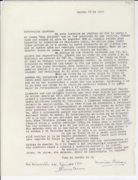 [Carta] 1950 ago. 29, Buenos Aires, [Argentina] [a] Gabriela [Mistral]  [manuscrito] María Rosa [Oliver].