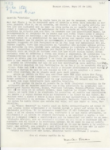 [Carta] 1951 mayo 26, Buenos Aires, [Argentina] [a] Gabriela [Mistral]  [manuscrito] María Rosa [Oliver].