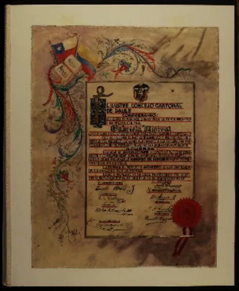 [Diploma] 1938 ago. 29, Daule, Ecuador [a] Gabriela Mistral  [manuscrito] Ilustre Concejo Cantoral de Daule.