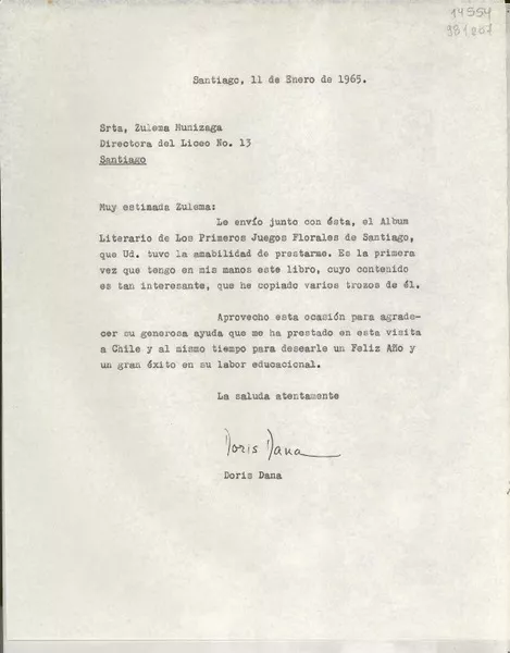[Carta] 1965 ene. 11, Santiago, [Chile] [a] Srta. Zulema Munizaga, Directora del Liceo No. 13, Santiago  [manuscrito] Doris Dana.