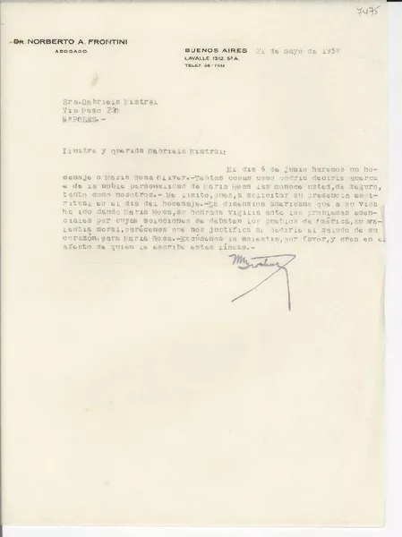 [Carta] 1952 mayo 21, Buenos Aires, [Argentina] [a] Gabriela Mistral, Nápoles, [Italia]  [manuscrito] Norberto A. Frontini.