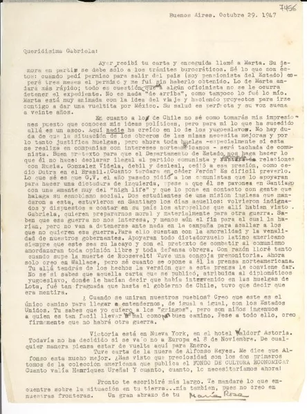 [Carta] 1947 oct. 29, Buenos Aires [a] Gabriela Mistral  [manuscrito] María Rosa [Oliver].
