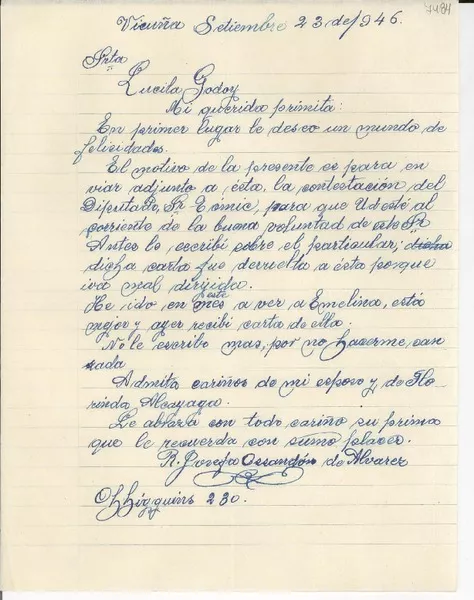 [Carta] 1946 sept. 23, Vicuña, [Chile] [a] Lucila Godoy  [manuscrito] R. Josefa Ossandón de Álvarez.