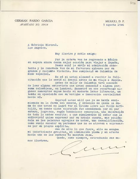 [Carta] 1946 ago. 5, [México D.F.] [a] Gabriela Mistral, Los Angeles, [EE.UU.]  [manuscrito] Germán [Pardo García].