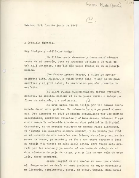 [Carta] 1949 jun. 1, México D.F. [a] Gabriela Mistral  [manuscrito] Germán [Pardo García].