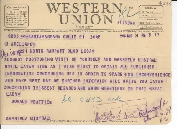 [Telegrama] 1946 ago. 21, Santa Bárbara, California [a] Gabriela Mistral  [manuscrito] Donald Peattie.