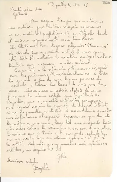 [Carta] 1951 dic. 14, Rapallo, [Italia] [a] Gabriela Mistral  [manuscrito] Gilda [Péndola Gianollo].