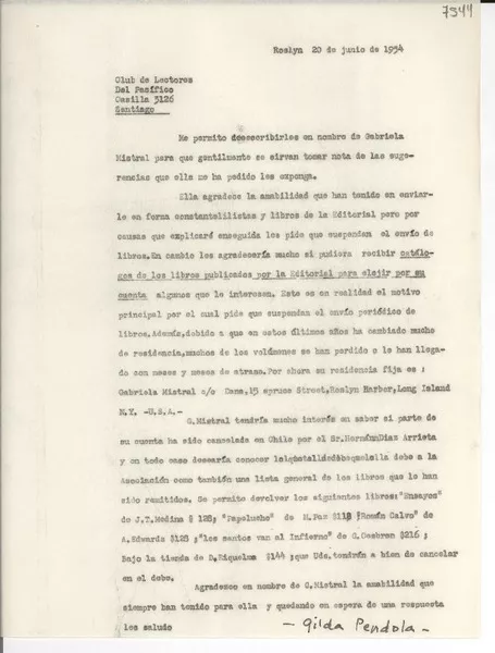 [Carta] 1954 jun. 20, Roslyn, [New York] [al] Club de Lectores del Pacífico, Santiago  [manuscrito] Gilda Péndola.