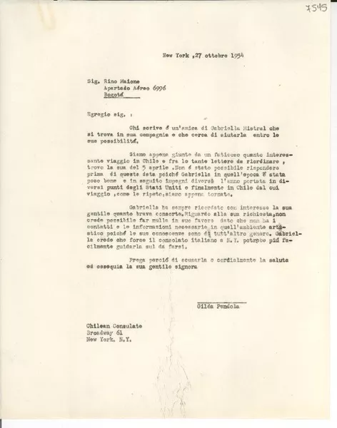 [Carta] 1954 oct. 27, New York [a] Rino Maione, Bogotá  [manuscrito] Gilda Péndola.