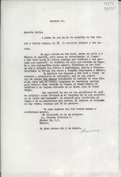 [Carta] 1967 oct. 22, México D. F. [a] Querida Doris  [manuscrito] Emma Cosío Villegas.