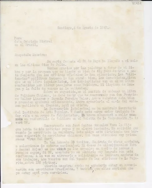 [Carta] 1942 ago. 4, Santiago, [Chile] [a] Gabriela Mistral, Brasil  [manuscrito] O[reste] Plath.