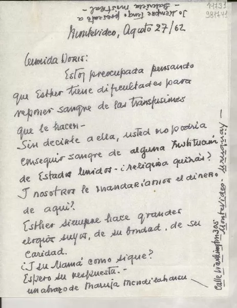 [Carta] 1962 ago. 27, Montevideo, [Uruguay] [a] Querida Doris  [manuscrito] Maruja Mendilaharsu.