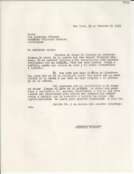[Carta] 1955 feb. 15, New York [a] Santiago Polanco, Washington  [manuscrito] Gabriela Mistral.