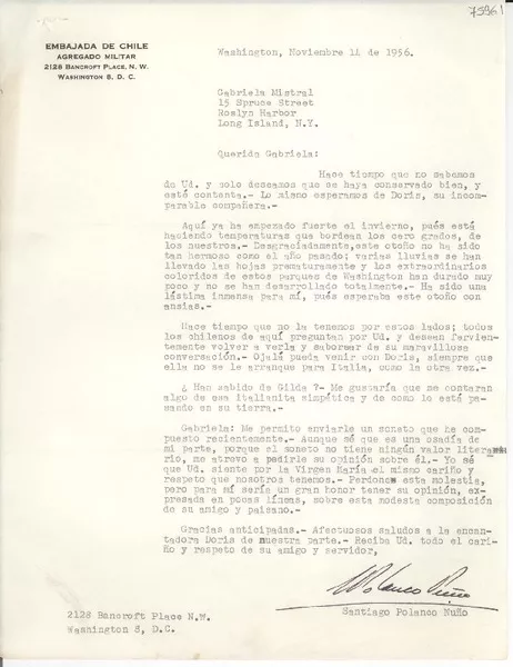[Carta] 1956 nov. 149, Washington [a] Gabriela Mistral, Roslyn Harbor, Long Island  [manuscrito] Santiago Polanco Nuño.