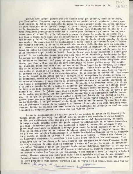 [Carta] 1964 ene. 6, Caracas, [Venezuela] [a] Queridísima Doris  [manuscrito] Candelaria y Jaime.