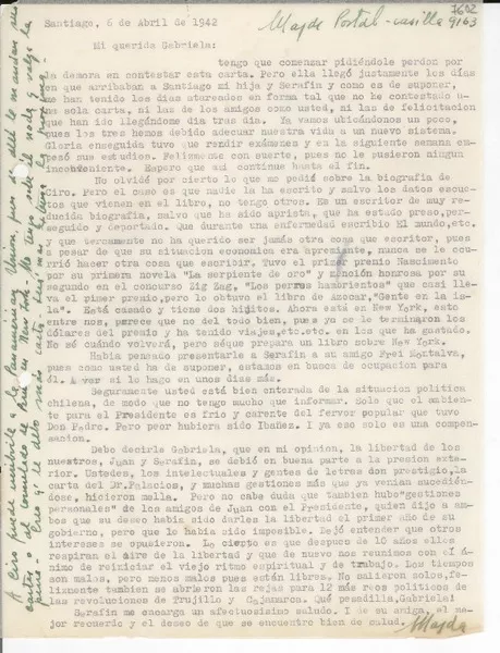 [Carta] 1942 abr. 6, Santiago, [Chile] [a] Gabriela Mistral  [manuscrito] Magda Portal.