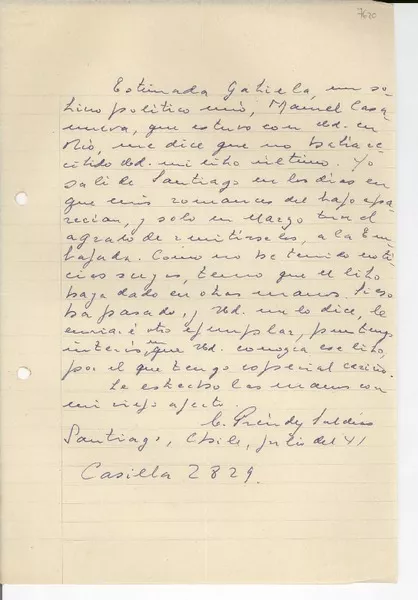 [Carta] [19]41 jul., Santiago, Chile [a] Gabriela [Mistral]  [manuscrito] Carlos Préndez Saldías.