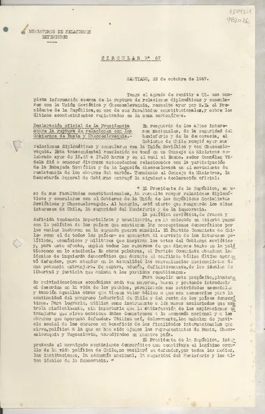 Circular N° 67, 1947 oct. 22, Santiago, [Chile] Declaración oficial de la Presidencia sobre la ruptura de relaciones con los Gobiernos de Rusia y Checoeslovaquia [manuscrito] : El Ministro [Germán Vergara Donoso].