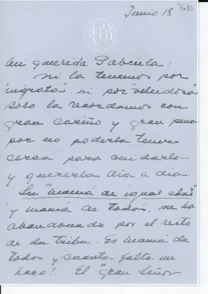[Carta] [1957?] jun. 18 [a] Gabriela [Mistral]  [manuscrito] Ana [del Pulgar de Burke].