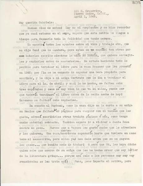 [Carta] 1949 Apr. 1, Sierra Madre, California [a] Gabriela Mistral  [manuscrito] Adela [Purnell de Stone].