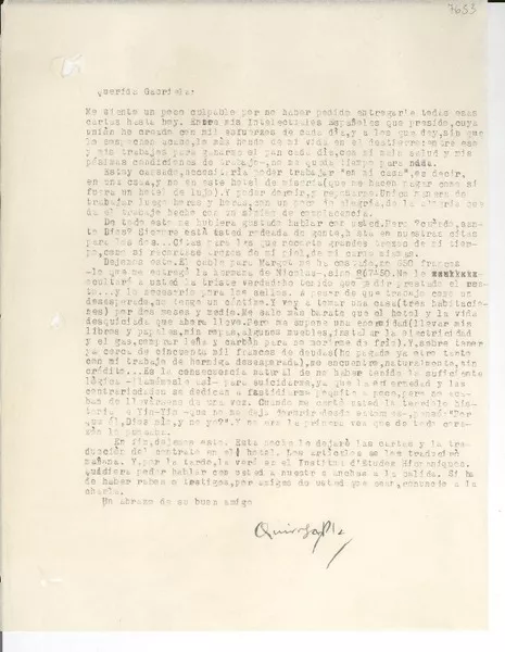 [Carta] [a] Gabriela [Mistral]  [manuscrito] [José] María Quiroga Plá.
