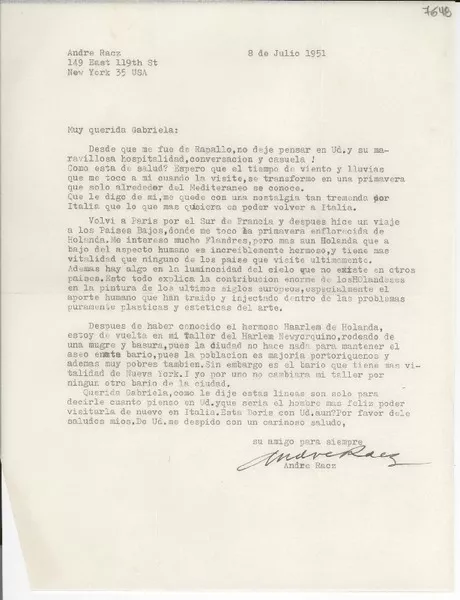 [Carta] 1951 jul. 8, New York, USA [a] Gabriela Mistral  [manuscrito] André Racz.