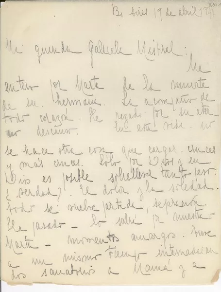 [Carta] 1947 abr. 19, Buenos Aires, [Argentina] [a] Gabriela Mistral  [manuscrito] Hortensia Margarita [Raffo].