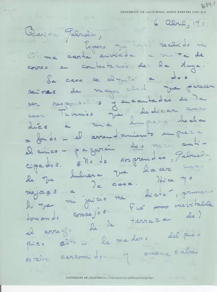 [Carta] 1951 abr. 6, [Estados Unidos] [a] Gabriela Mistral  [manuscrito] Eda [Ramelli].
