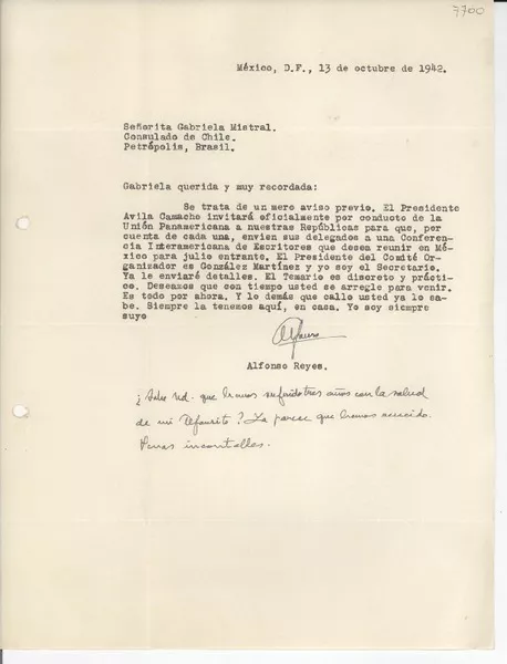 [Carta] 1942 oct. 13, México D.F. [a] Gabriela Mistral, Petrópolis, Brasil  [manuscrito] Alfonso Reyes.