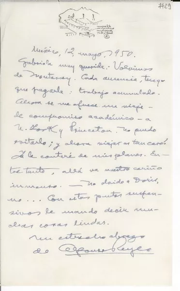[Carta] 1950 mayo 12, México [a] Gabriela Mistral  [manuscrito] Alfonso Reyes.
