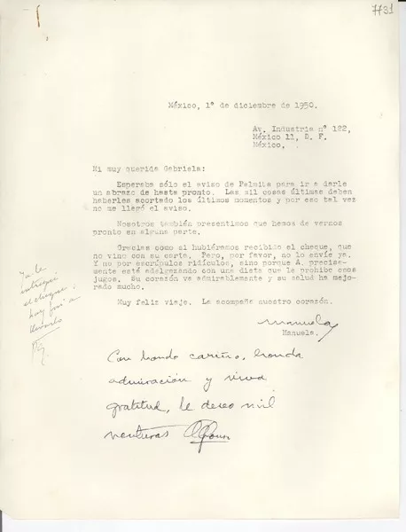 [Carta] 1950 dic. 1, México D. F. [a] Gabriela Mistral  [manuscrito] Manuela [Mota].